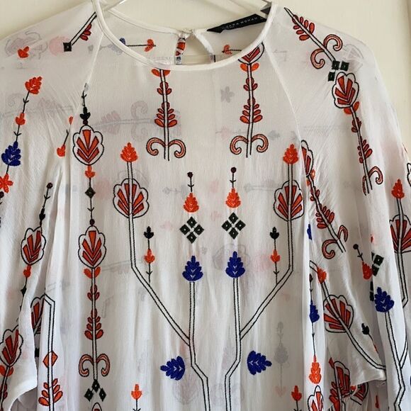 Zara Woman Embroidered Blouson Mini Shift Festival Casual Dress Boho Size Small - Picture 4 of 12